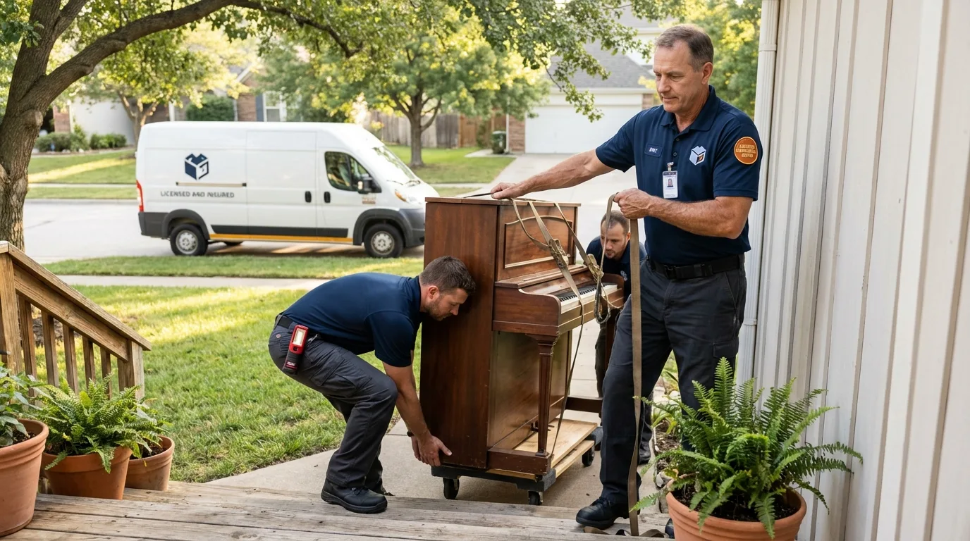 Licensed piano movers securing grand piano in Culloden, WV