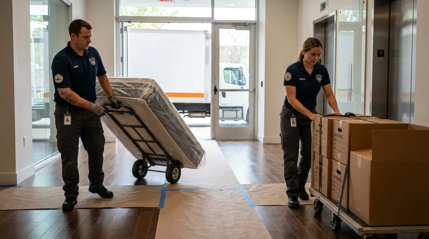 Professional apartment movers loading elevator in Culloden, WV