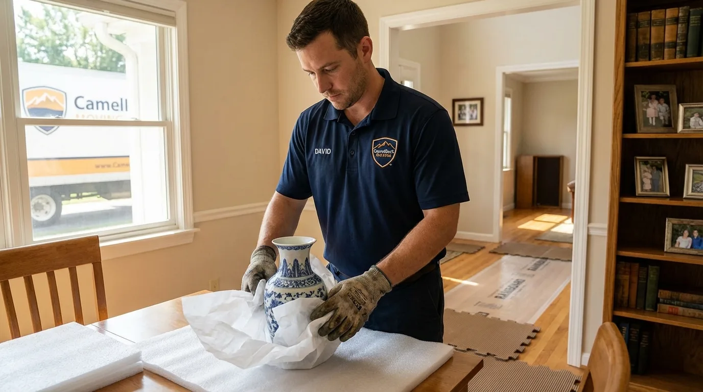 Professional crew carefully wrapping antique vase for senior downsizing move in Culloden, WV